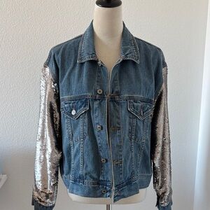 Denim Jacket with Silver Sequin Sleeves